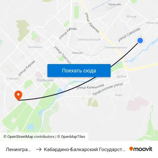 Ленинградская Улица to Кабардино-Балкарский Государственный Аграрный Университет map