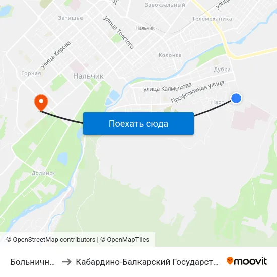 Больничный Городок to Кабардино-Балкарский Государственный Аграрный Университет map