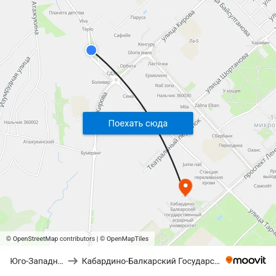 Юго-Западная Котельная to Кабардино-Балкарский Государственный Аграрный Университет map