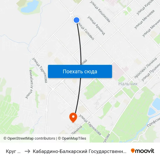 Круг Кенже to Кабардино-Балкарский Государственный Аграрный Университет map