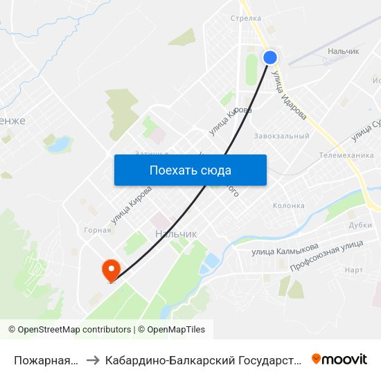Пожарная Часть №19 to Кабардино-Балкарский Государственный Аграрный Университет map
