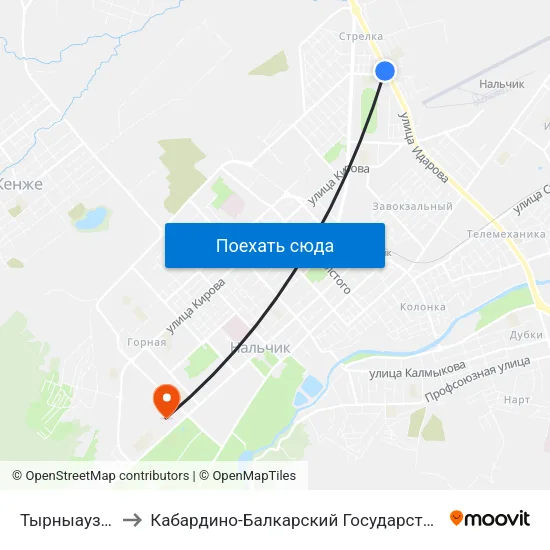 Тырныаузская Улица to Кабардино-Балкарский Государственный Аграрный Университет map