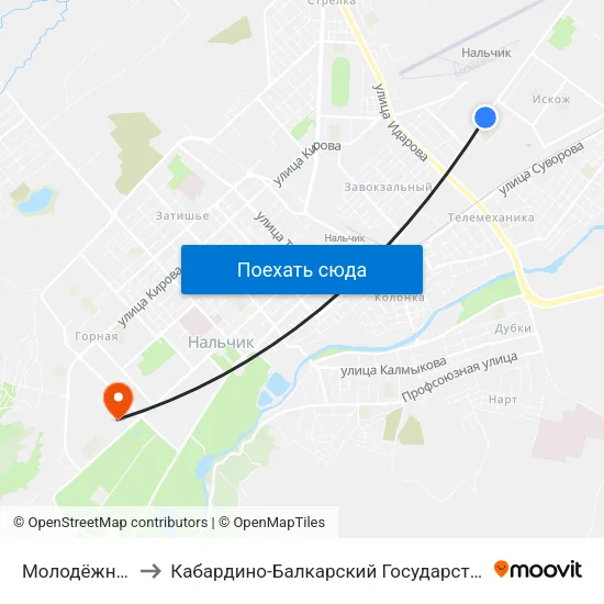 Молодёжная Площадь to Кабардино-Балкарский Государственный Аграрный Университет map