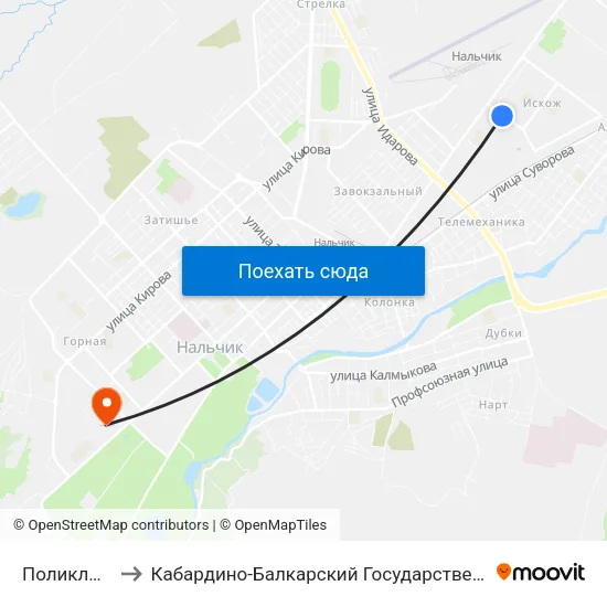 Поликлиника №2 to Кабардино-Балкарский Государственный Аграрный Университет map