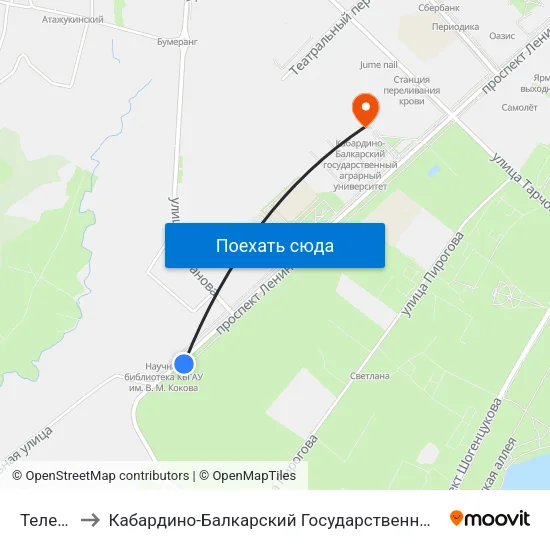 Телецентр to Кабардино-Балкарский Государственный Аграрный Университет map