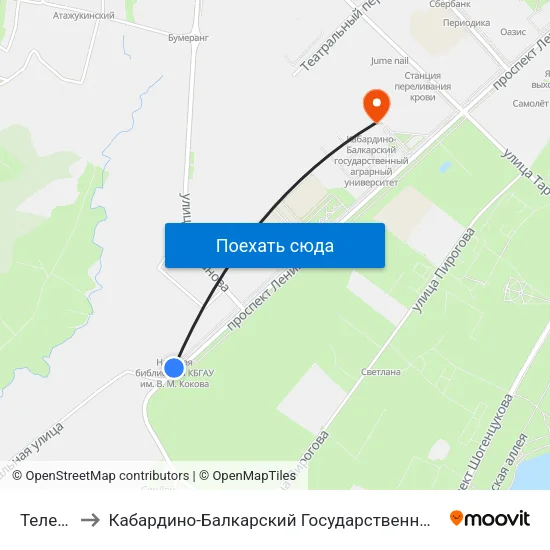 Телецентр to Кабардино-Балкарский Государственный Аграрный Университет map