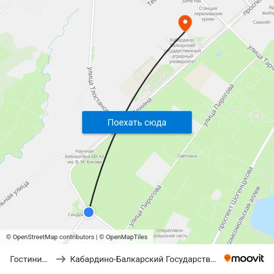 Гостиница Синдон to Кабардино-Балкарский Государственный Аграрный Университет map