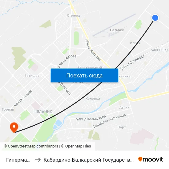 Гипермаркет Маяк to Кабардино-Балкарский Государственный Аграрный Университет map