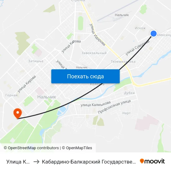 Улица Кадырова to Кабардино-Балкарский Государственный Аграрный Университет map