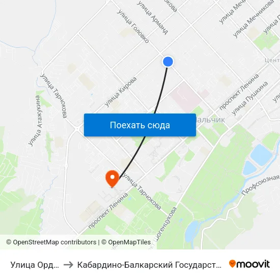 Улица Орджоникидзе to Кабардино-Балкарский Государственный Аграрный Университет map