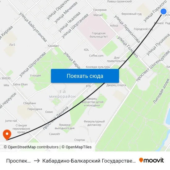 Проспект Ленина to Кабардино-Балкарский Государственный Аграрный Университет map
