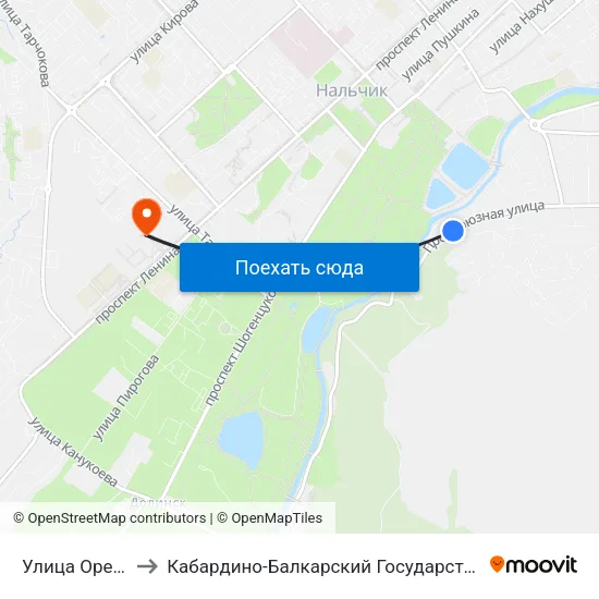 Улица Ореховая Роща to Кабардино-Балкарский Государственный Аграрный Университет map