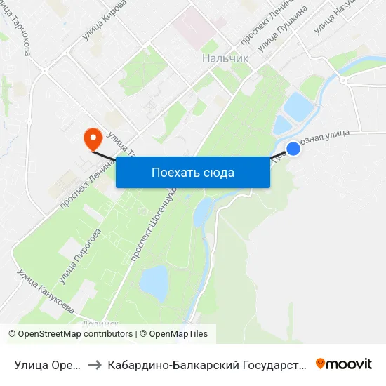 Улица Ореховая Роща to Кабардино-Балкарский Государственный Аграрный Университет map