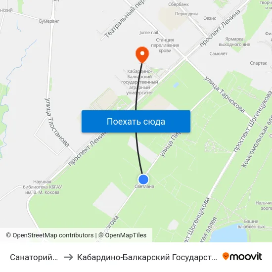 Санаторий Калмыкова to Кабардино-Балкарский Государственный Аграрный Университет map