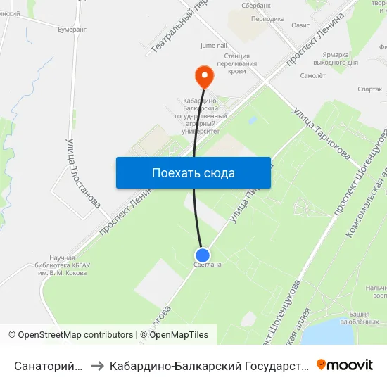 Санаторий Калмыкова to Кабардино-Балкарский Государственный Аграрный Университет map