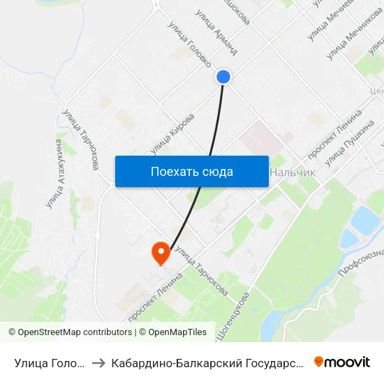 Улица Головко / Кирова to Кабардино-Балкарский Государственный Аграрный Университет map