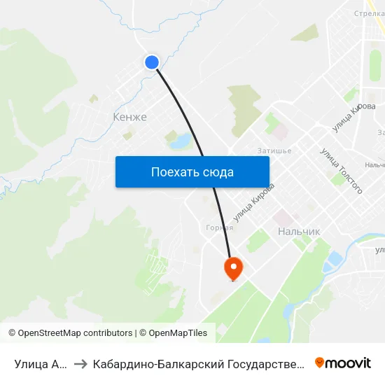Улица Ахметова to Кабардино-Балкарский Государственный Аграрный Университет map
