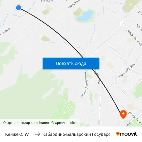 Кенже-2. Улица Ахметова to Кабардино-Балкарский Государственный Аграрный Университет map