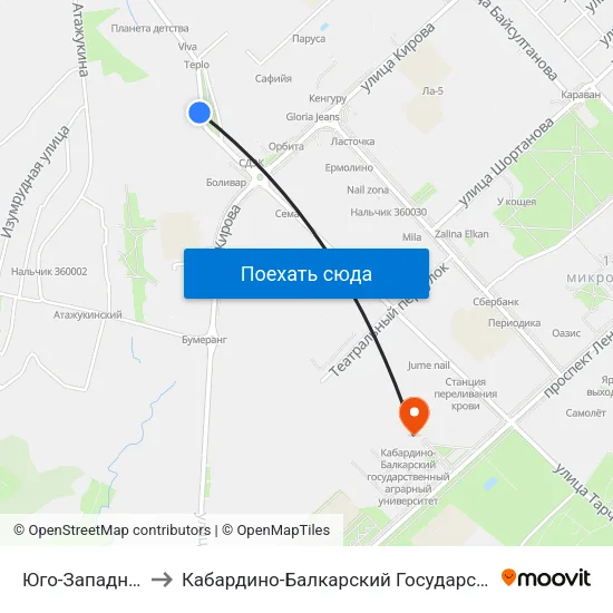 Юго-Западная Котельная to Кабардино-Балкарский Государственный Аграрный Университет map