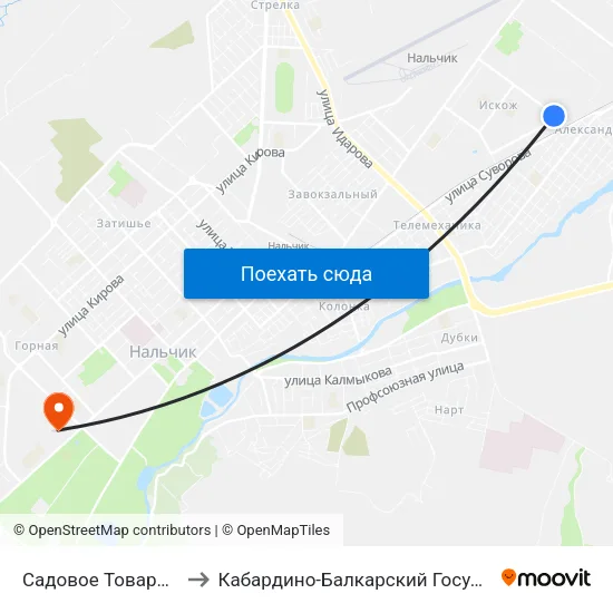 Садовое Товарищество Стройдеталь to Кабардино-Балкарский Государственный Аграрный Университет map