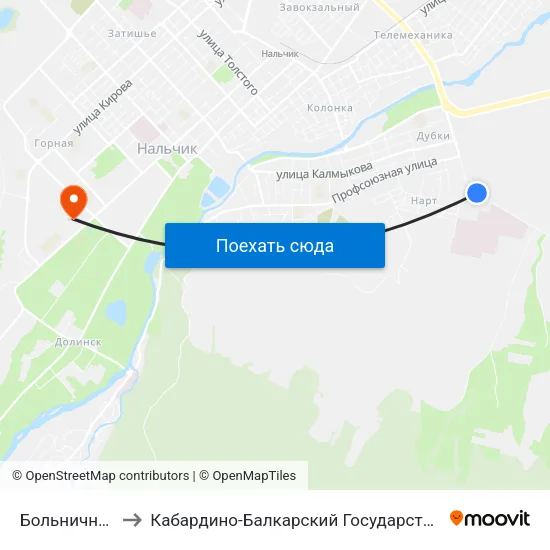 Больничный Городок to Кабардино-Балкарский Государственный Аграрный Университет map