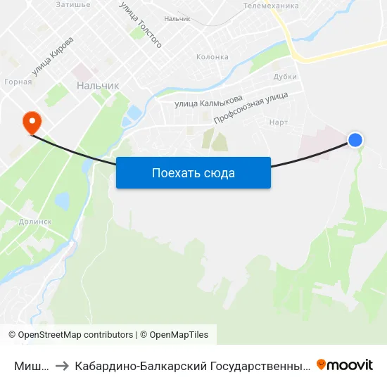 Мишхидж to Кабардино-Балкарский Государственный Аграрный Университет map