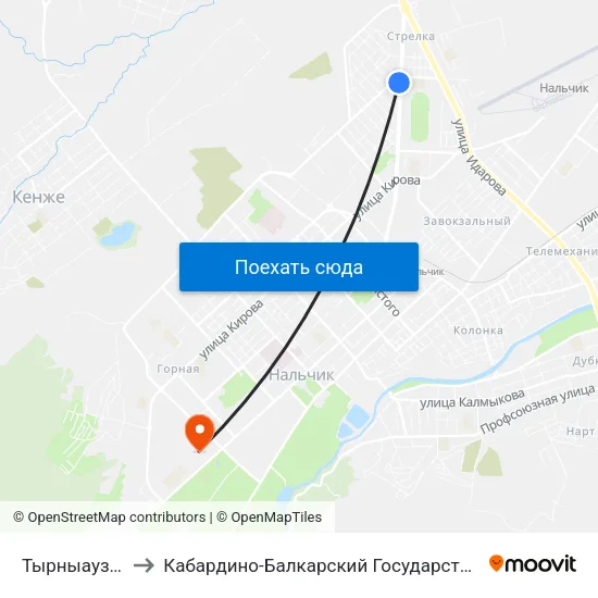 Тырныаузская Улица to Кабардино-Балкарский Государственный Аграрный Университет map