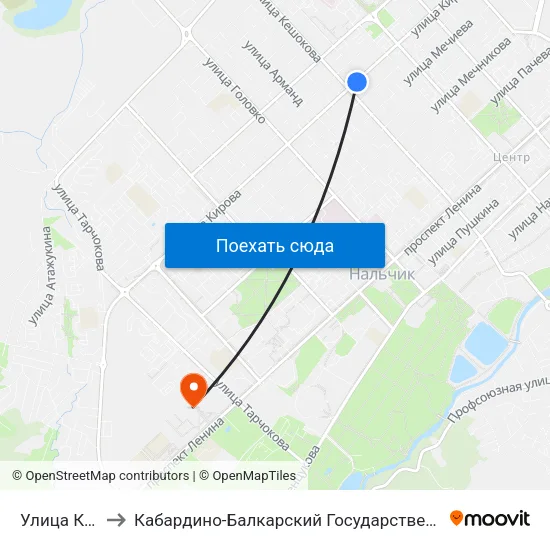 Улица Кешокова to Кабардино-Балкарский Государственный Аграрный Университет map