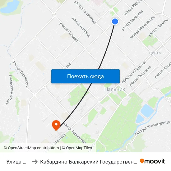 Улица Ногмова to Кабардино-Балкарский Государственный Аграрный Университет map