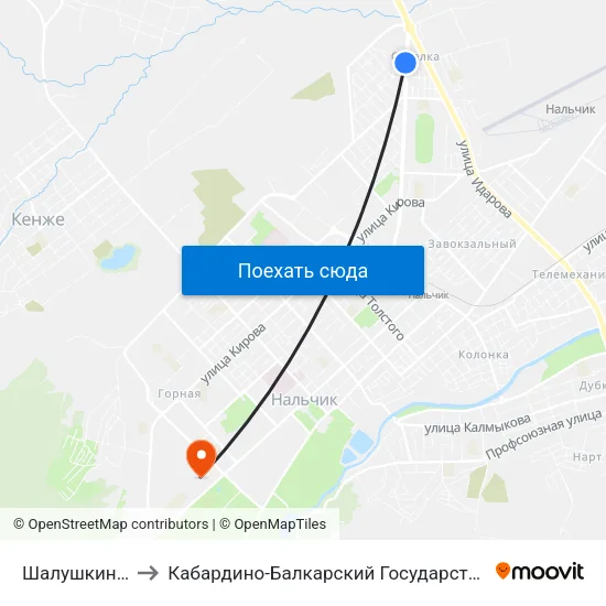 Шалушкинская Улица to Кабардино-Балкарский Государственный Аграрный Университет map