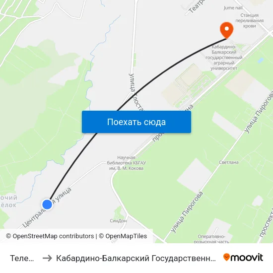 Телевышка to Кабардино-Балкарский Государственный Аграрный Университет map