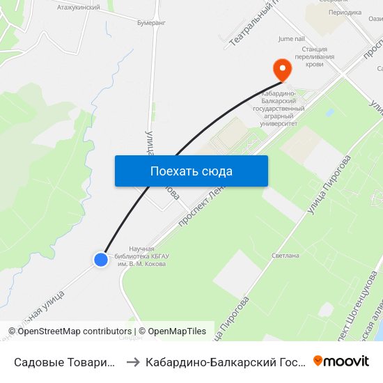 Садовые Товарищества Спутник И Дружба to Кабардино-Балкарский Государственный Аграрный Университет map