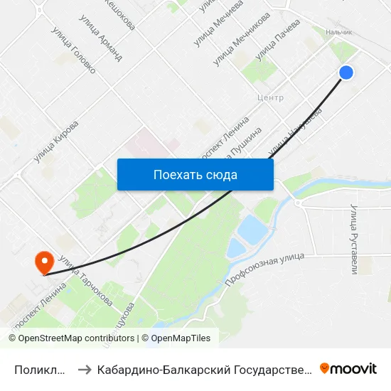 Поликлиника №3 to Кабардино-Балкарский Государственный Аграрный Университет map