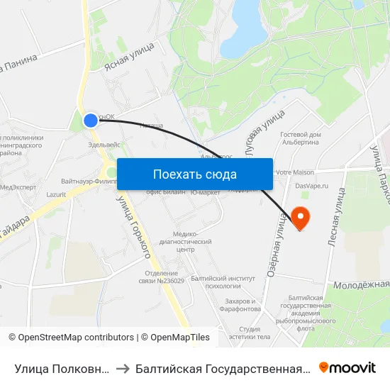 Улица Полковника Ефремова (Из Центра) to Балтийская Государственная Академия Рыбопромыслового Флота. Корпус 3 map