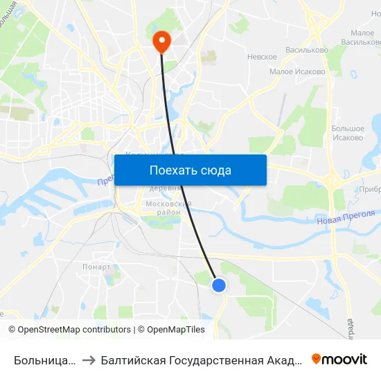 Больница №5 (В Центр) to Балтийская Государственная Академия Рыбопромыслового Флота. Корпус 3 map