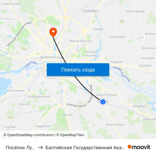 Посёлок Луговое (Конечная) to Балтийская Государственная Академия Рыбопромыслового Флота. Корпус 3 map