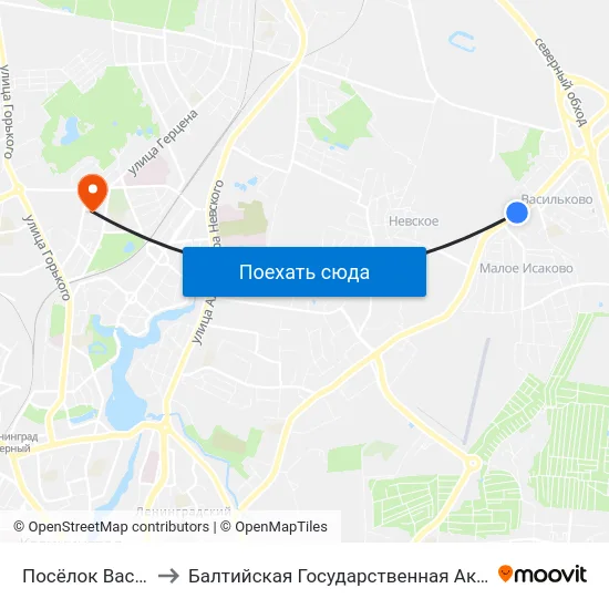 Посёлок Васильково-1 (В Центр) to Балтийская Государственная Академия Рыбопромыслового Флота. Корпус 3 map
