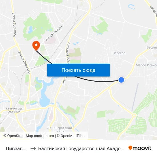 Пивзавод (В Центр) to Балтийская Государственная Академия Рыбопромыслового Флота. Корпус 3 map