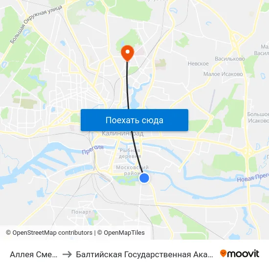 Аллея Смелых (Из Центра) to Балтийская Государственная Академия Рыбопромыслового Флота. Корпус 3 map