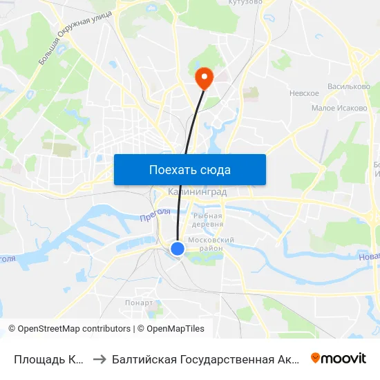 Площадь Калинина (В Центр) to Балтийская Государственная Академия Рыбопромыслового Флота. Корпус 3 map