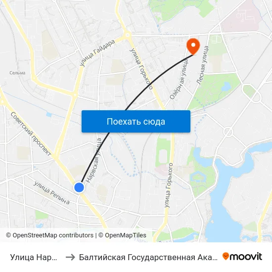 Улица Нарвская (Из Центра) to Балтийская Государственная Академия Рыбопромыслового Флота. Корпус 3 map