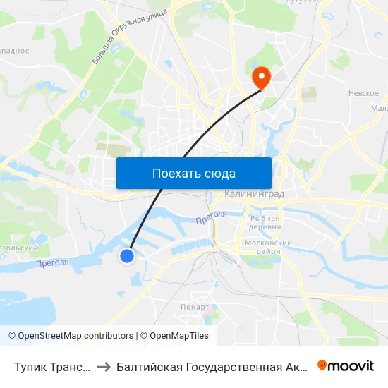 Тупик Транспортный (В Центр) to Балтийская Государственная Академия Рыбопромыслового Флота. Корпус 3 map