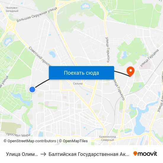 Улица Олимпийская (В Центр) to Балтийская Государственная Академия Рыбопромыслового Флота. Корпус 3 map