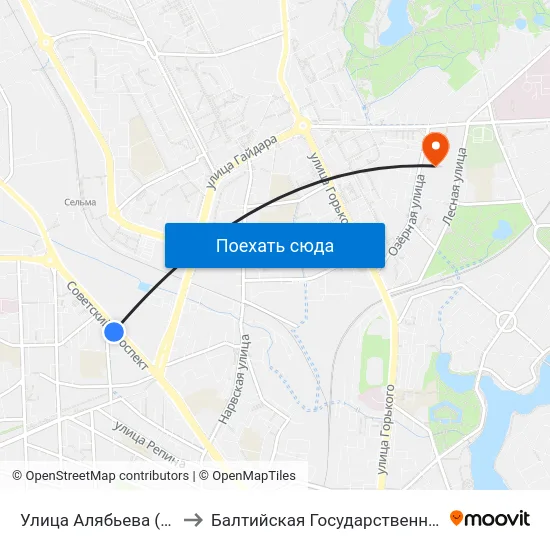 Улица Алябьева (На Советском Проспекте, В Центр) to Балтийская Государственная Академия Рыбопромыслового Флота. Корпус 3 map