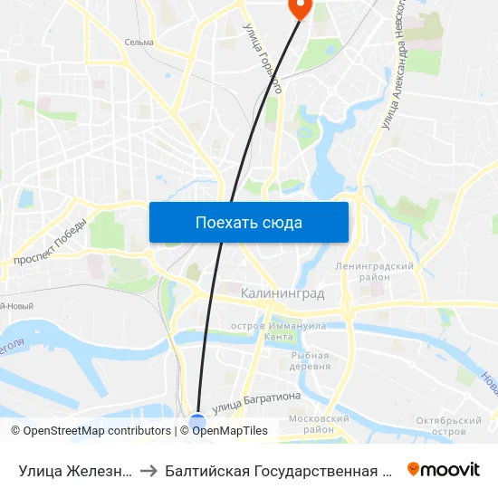 Улица Железнодорожная (Из Центра) to Балтийская Государственная Академия Рыбопромыслового Флота. Корпус 3 map