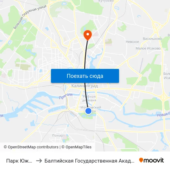Парк Южный (В Центр) to Балтийская Государственная Академия Рыбопромыслового Флота. Корпус 3 map