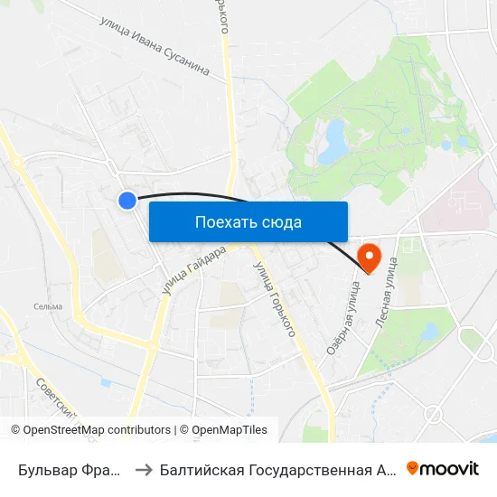 Бульвар Франца Лефорта (В Центр) to Балтийская Государственная Академия Рыбопромыслового Флота. Корпус 3 map