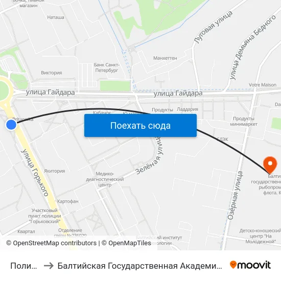 Поликлиника to Балтийская Государственная Академия Рыбопромыслового Флота. Корпус 3 map
