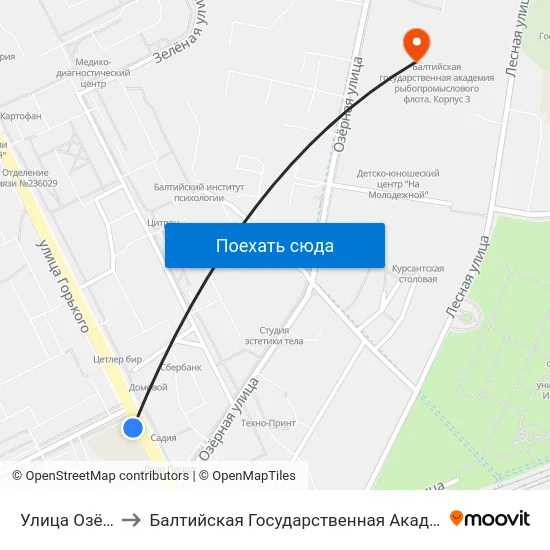 Улица Озёрная (В Центр) to Балтийская Государственная Академия Рыбопромыслового Флота. Корпус 3 map