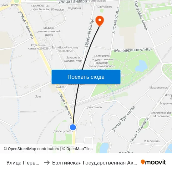 Улица Первомайская (В Центр) to Балтийская Государственная Академия Рыбопромыслового Флота. Корпус 3 map